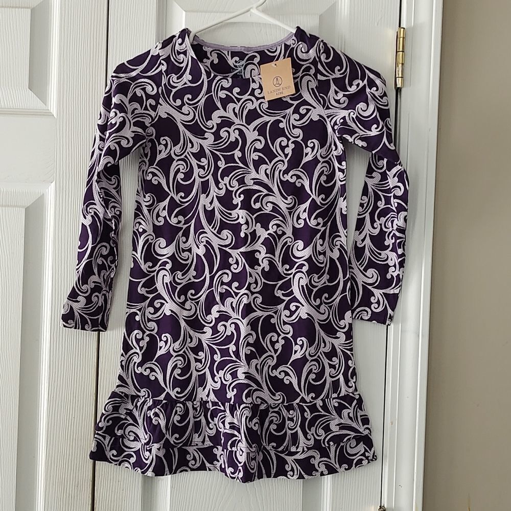 Lands' End eggplant purple and white long sleeve dress Sz 6x-7 (L)